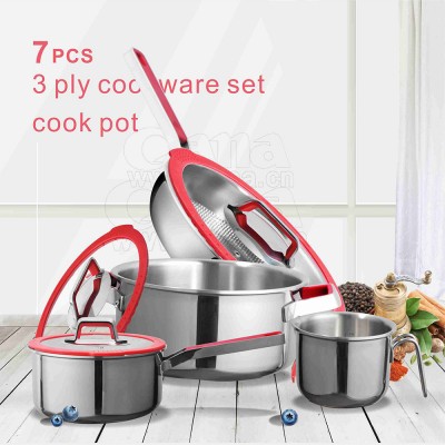 2020  NEW silicon complex handle stainless steel 3 ply cookware set